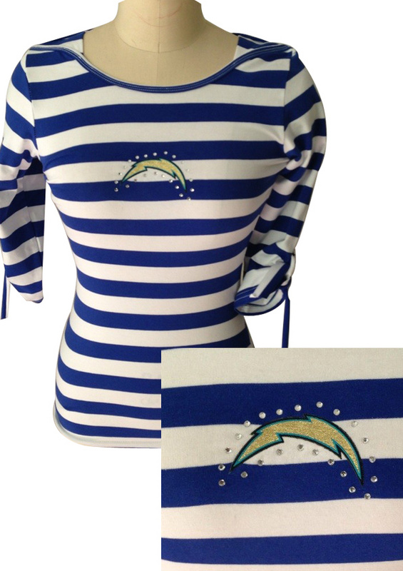 San Diego Chargers Ladies Striped Boat Neck Three-Quarter Sleeve T-Shirt Blue White