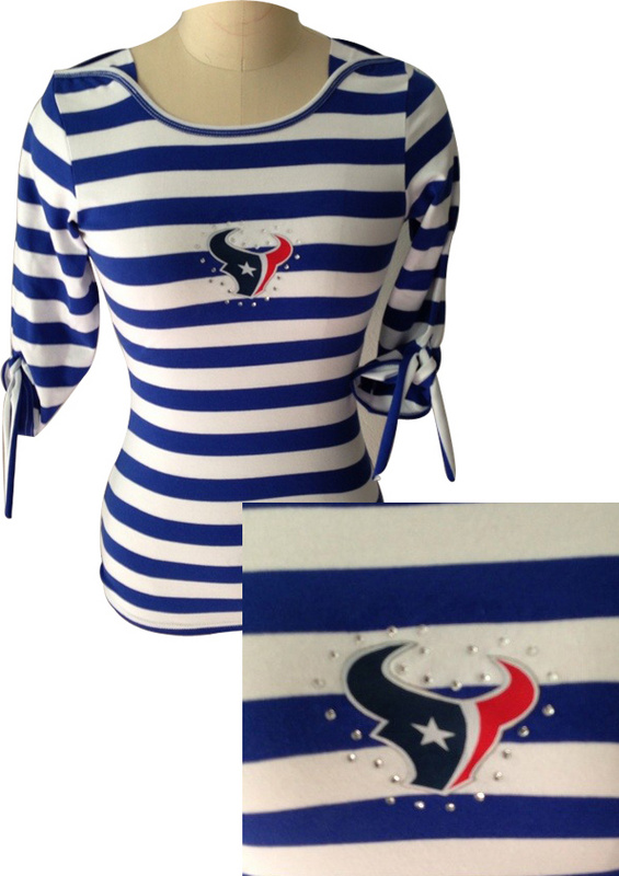 Houston Texans Ladies Striped Boat Neck Three-Quarter Sleeve T-Shirt Navy Blue White