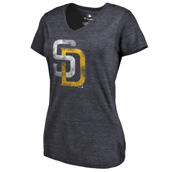 San Diego Padres Fanatics Branded Womens Primary Distressed Team Tri-Blend V-Neck T-Shirt - Heathered Navy 