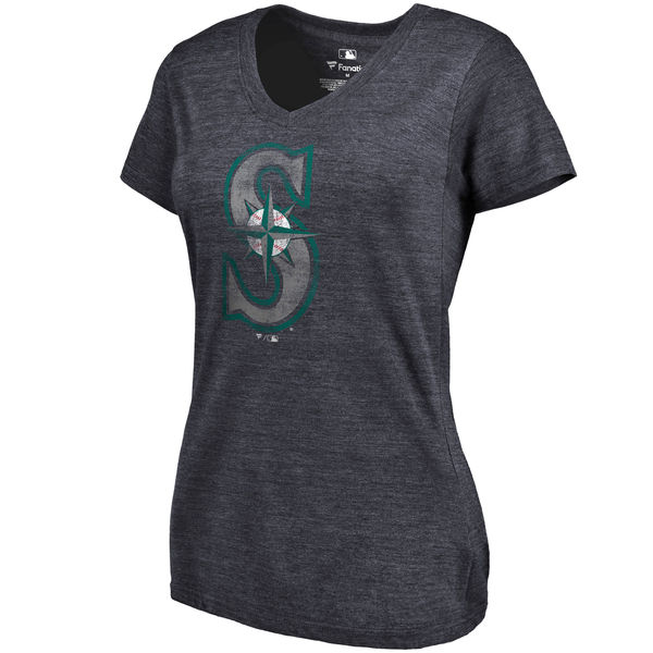 Seattle Mariners Fanatics Branded Womens Primary Distressed Team Tri-Blend V-Neck T-Shirt - Heathered Navy 