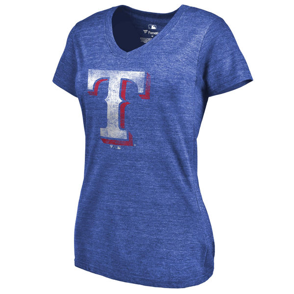 Texas Rangers Fanatics Branded Womens Primary Distressed Team Tri-Blend V-Neck T-Shirt - Heathered Royal 