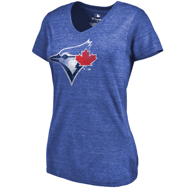Toronto Blue Jays Fanatics Branded Womens Primary Distressed Team Tri-Blend V-Neck T-Shirt - Heathered Royal 