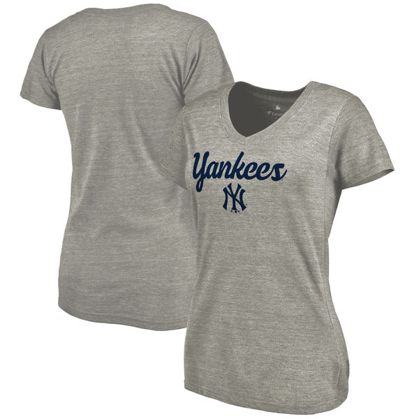 New York Yankees Womens Freehand V-Neck Slim Fit Tri-Blend T-Shirt - Ash 