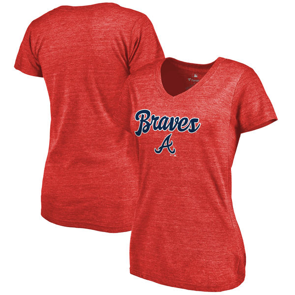 Atlanta Braves Womens Freehand V-Neck Slim Fit Tri-Blend T-Shirt - Red 