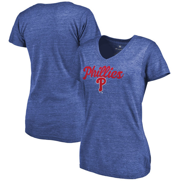 Philadelphia Phillies Womens Freehand V-Neck Slim Fit Tri-Blend T-Shirt - Royal 