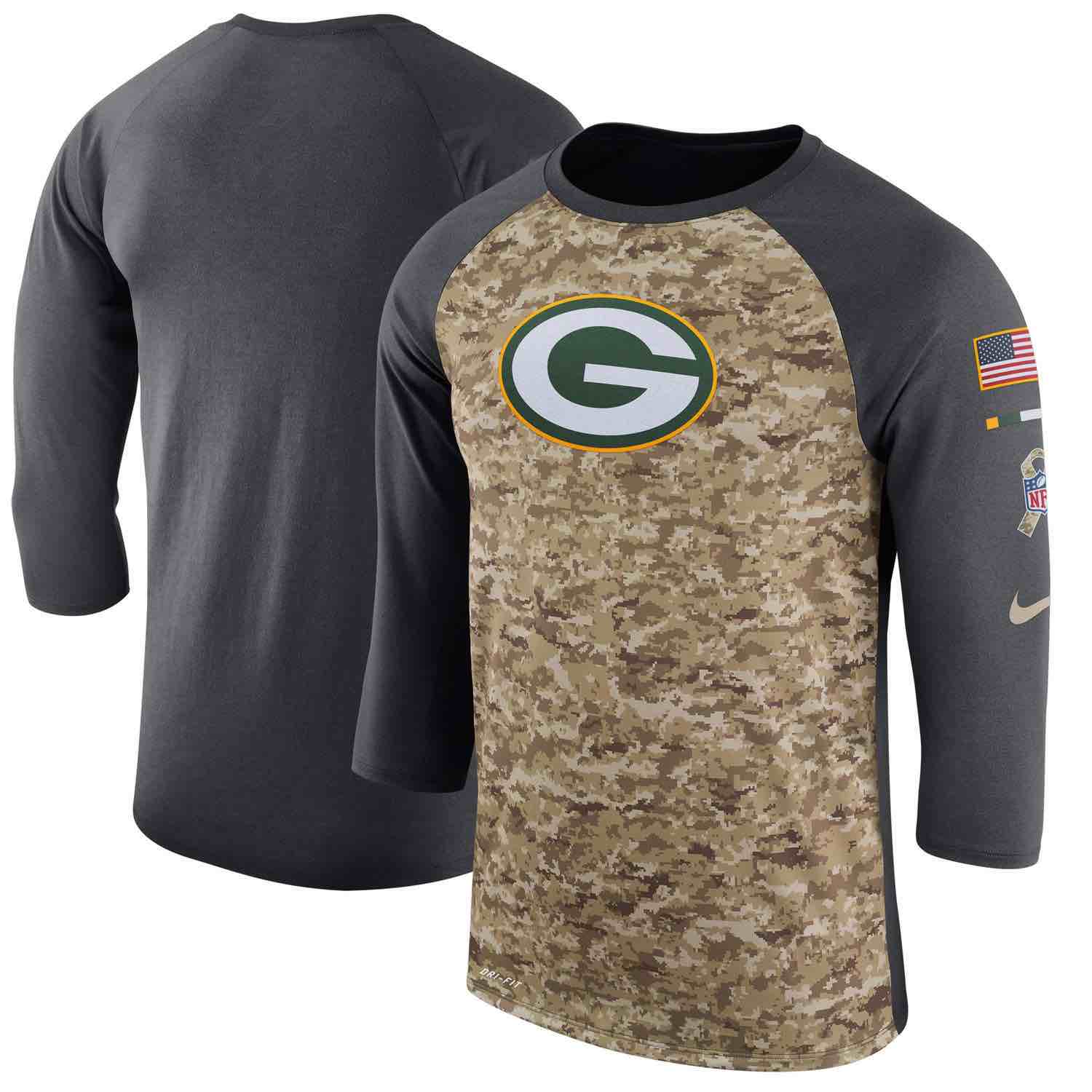 Mens Green Bay Packers Nike Camo Anthracite Salute to Service Sideline Legend Performance Three-Quarter Sleeve T-Shirt