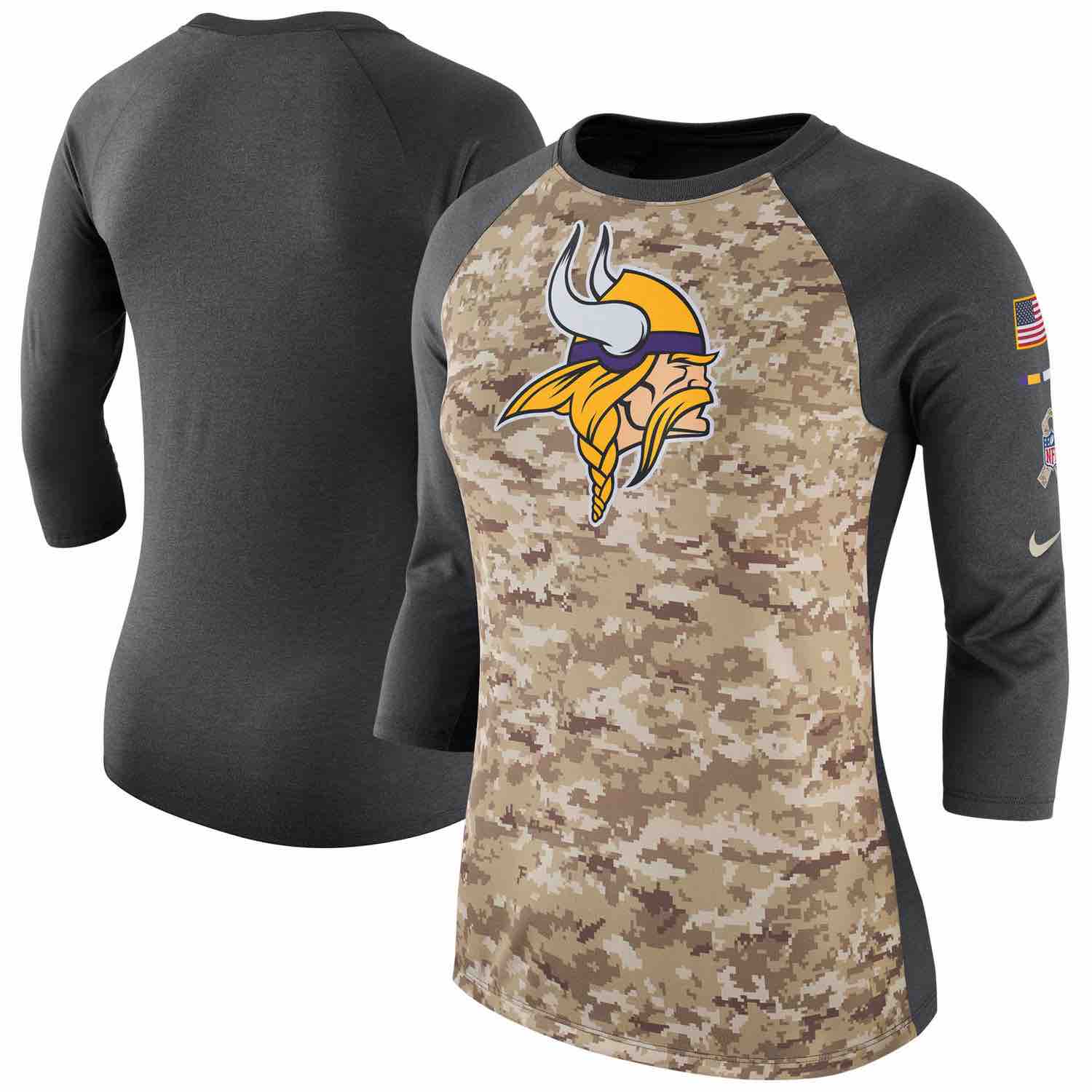 Womens Minnesota Vikings Nike Camo Charcoal Salute to Service Legend Three-Quarter Raglan Sleeve T-Shirt