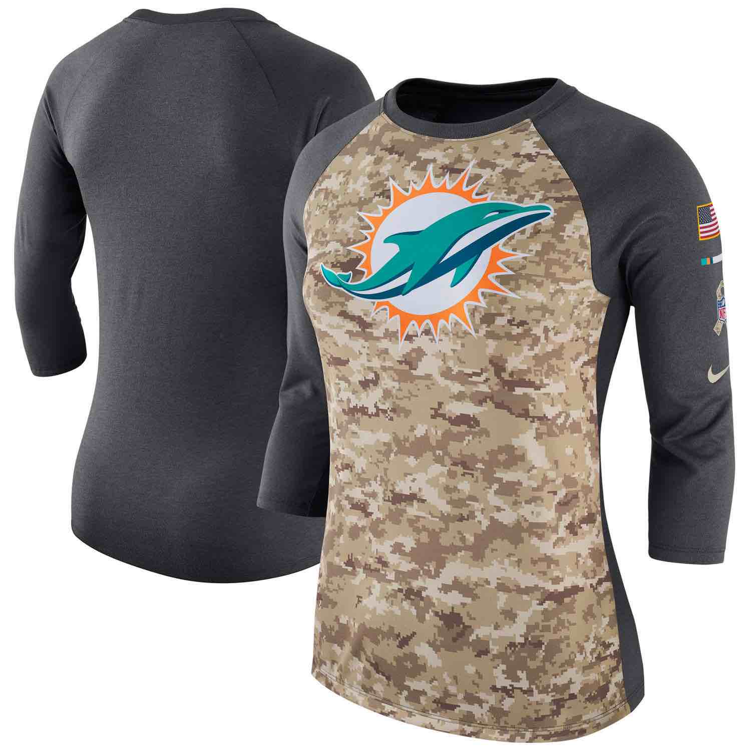 Womens Miami Dolphins Nike Camo Charcoal Salute to Service Legend Three-Quarter Raglan Sleeve T-Shirt
