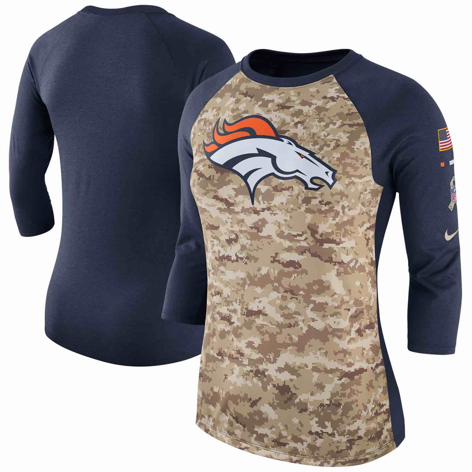 Womens Denver Broncos Nike Camo Navy Salute to Service Legend Three-Quarter Raglan Sleeve T-Shir