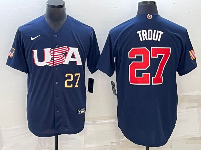 MLB USA #27 Trout Blue Gold Number World Cup Jersey 