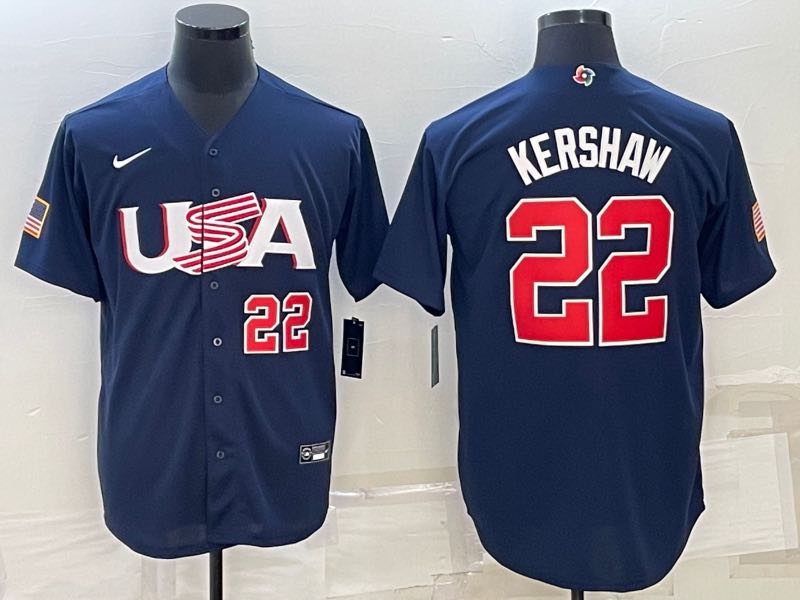 MLB USA #22 Kershaw Blue Red Number World Cup Jersey