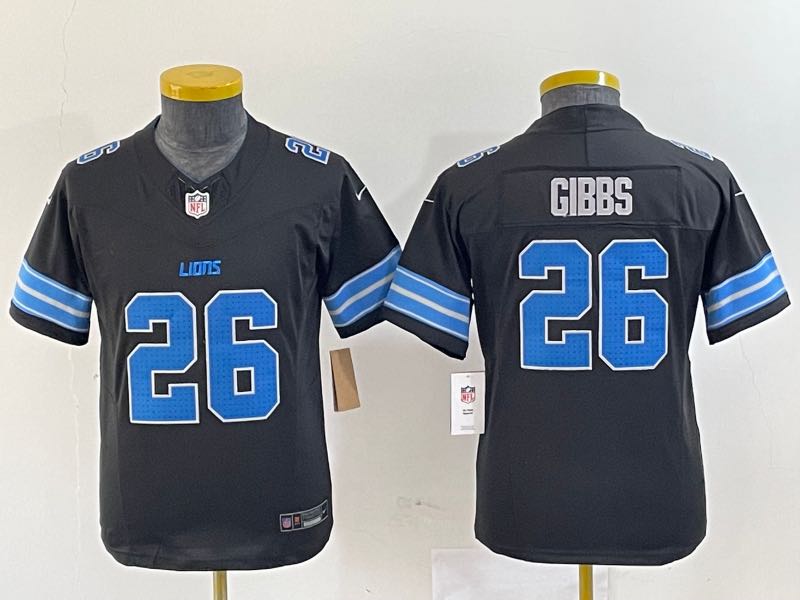Kids NFL Detriot lions #26 Gibbs Black New Jersey